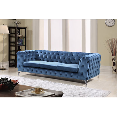 Khan 88.58" Velvet Rolled Arm Chesterfield Sofa