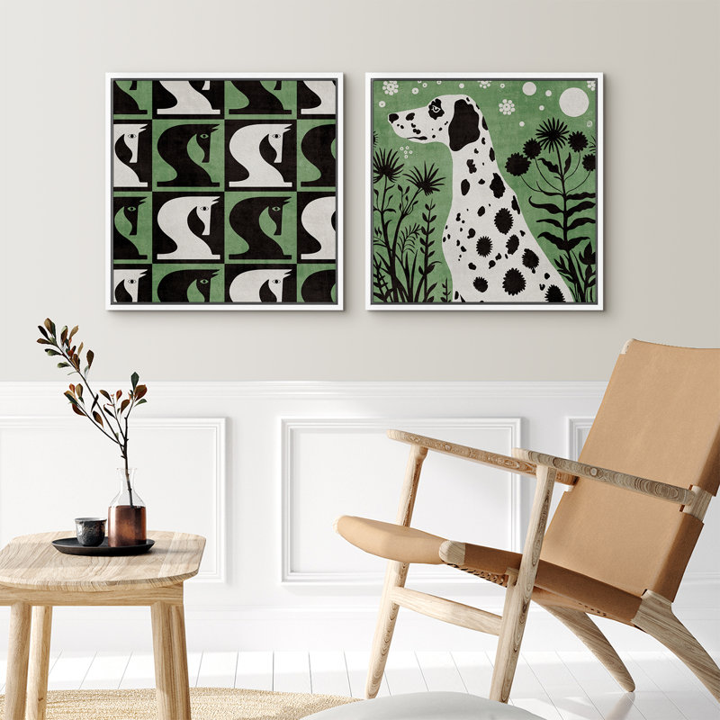«Green Abstract Horses Dog», ensemble de 2 reproductions d'art sur toile encadrées, Cadre flottant blanc, H 24 po x l 24 po