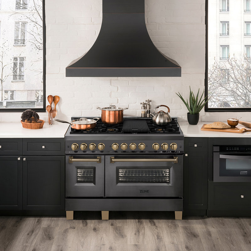 ZLINE Autograph 48" Legacy Dual Fuel Range in Black Stainless Steel, Champagne Bronze