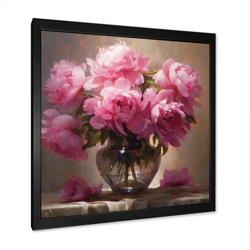 Pivoine rose verte captivante I sur toile, H 36 po x l 36 po x P 1,5 po, Cadre simple noir