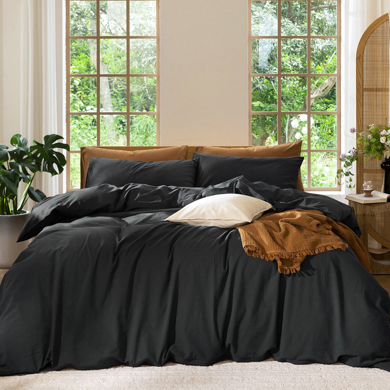 MooMee Lightweight Duvet Cover Set with Zipper Closure 8 Ties 100% Washed Cotton Linen Like Textured Soft Breathable All-Season