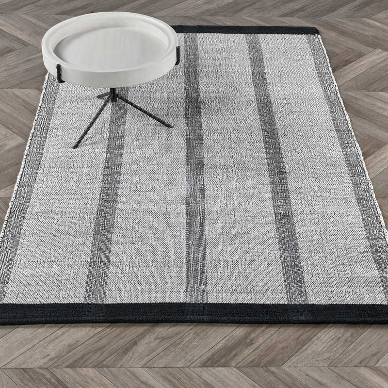 Handmade Black and Ivory Wool Striped Rectangular Rug 5' x 8'