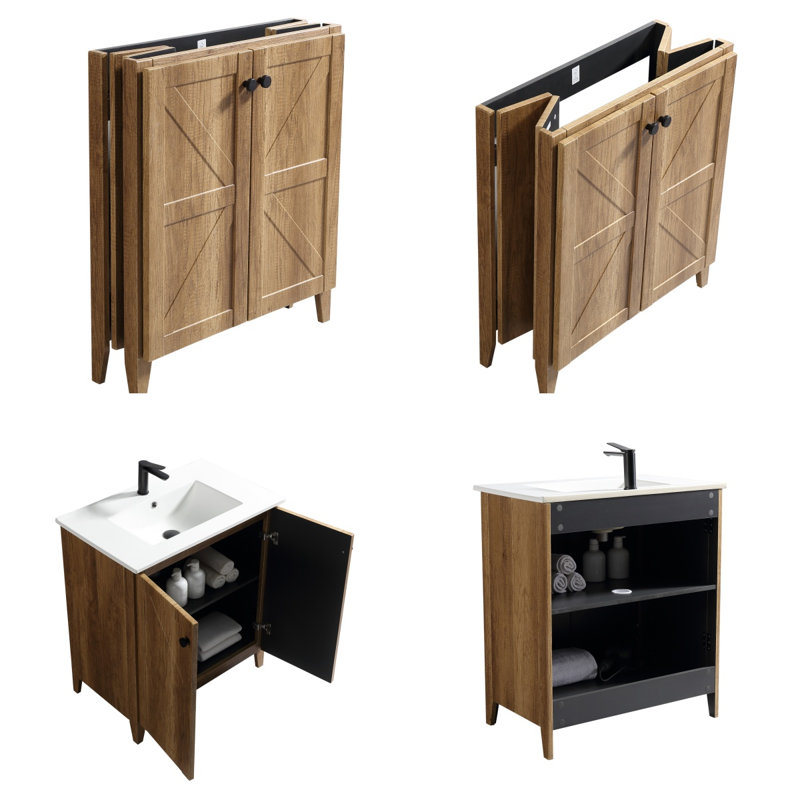 Meuble-lavabo de plancher pliant breveté de 30 po avec lavabo en céramique, armoire autoportante sans outil en 1 minute (chêne doré)