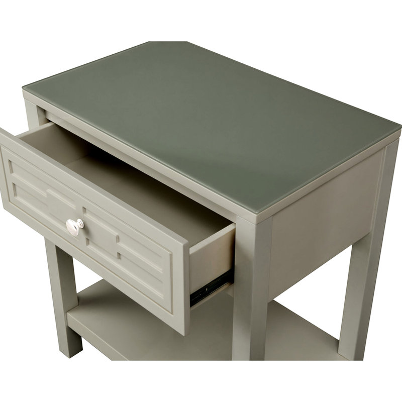 Table de chevet en bois taupe 23 po avec plateau en verre et tiroir Dylan