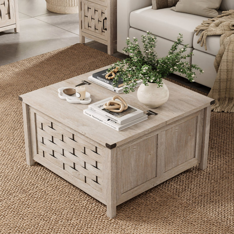 Square Wood Coffee Table with Hidden Large Storage, Farmhouse Coffee Tables for Living Room, Light Gray