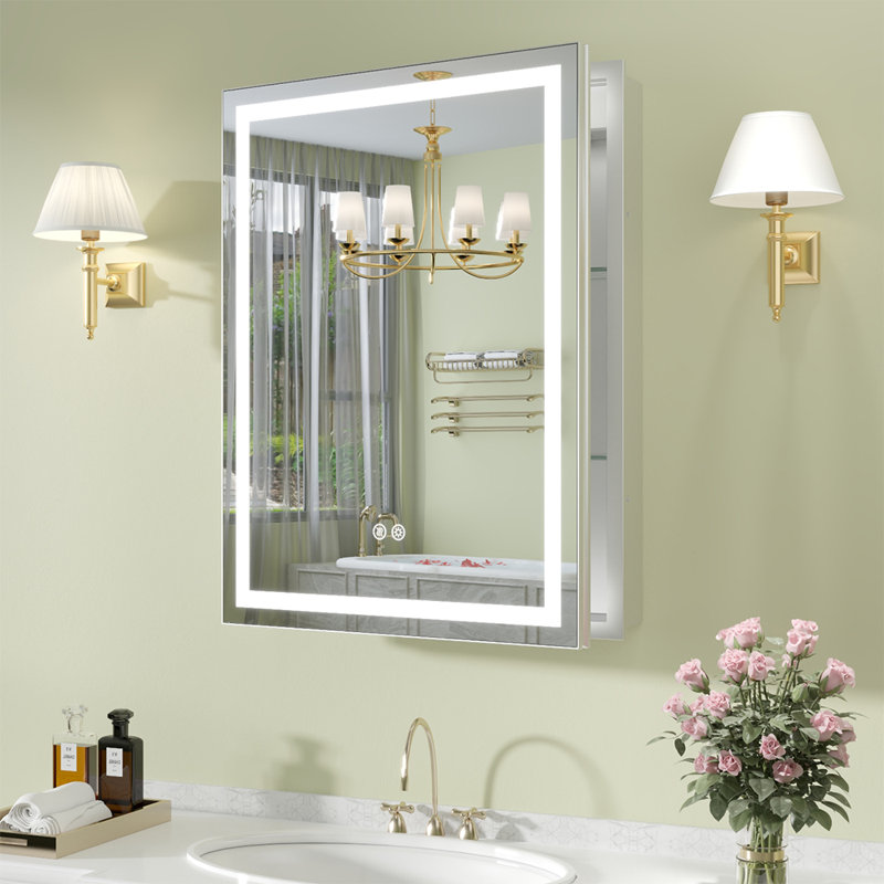 Pharmacie à DEL 20 po x 26 po avec miroir double face, prise / USB, tablettes réglables et boîte de rangement, anti-buée et DEL à 3 couleurs à intensité variable avec mémoire, aluminium intégral