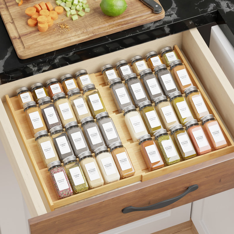 Bamboo Spice Drawer Organizer, 4-Tier Expandable Spice Rack for Kitchen Cabinet, Fits 3" Deep Drawers, Seasoning Storage Insert (Jars Not Included)