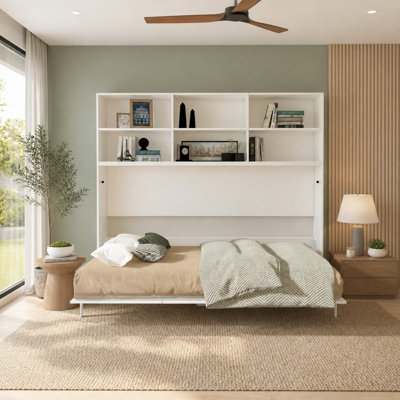 Lit escamotable simple moderne avec rangement et vérins à gaz pour la chambre à coucher ou la chambre d'amis, blanc