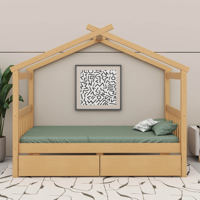 Lit en bois de pin massif avec tiroirs, Naturel