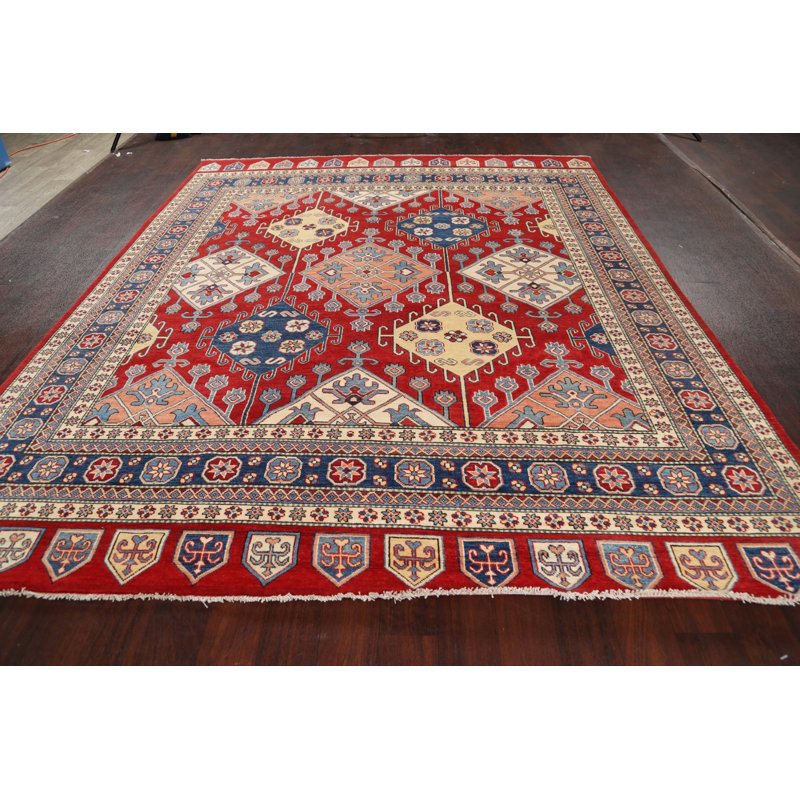 Tapis rouge en laine noué à la main de conception unique 7 pi 11 po x 9 pi 8 po Gaud