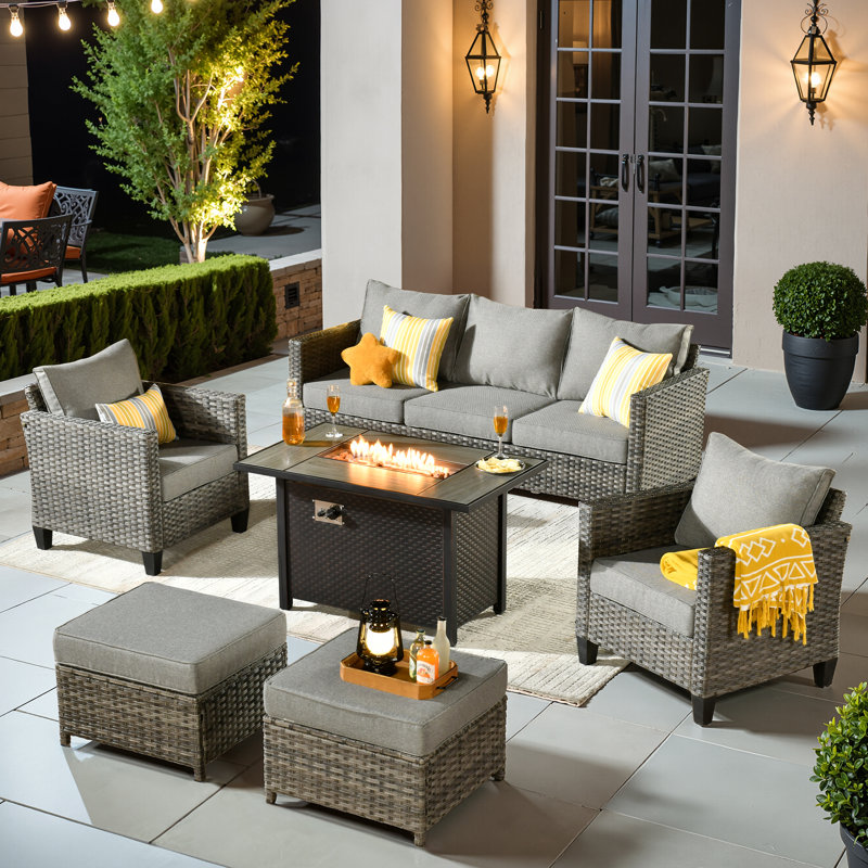 Allcot 5 - Person Wicker/Rattan Patio Furniture Set, Outdoor Fire Pit Sofa Set with Throw Pillows and Comfy Cushions, Gray