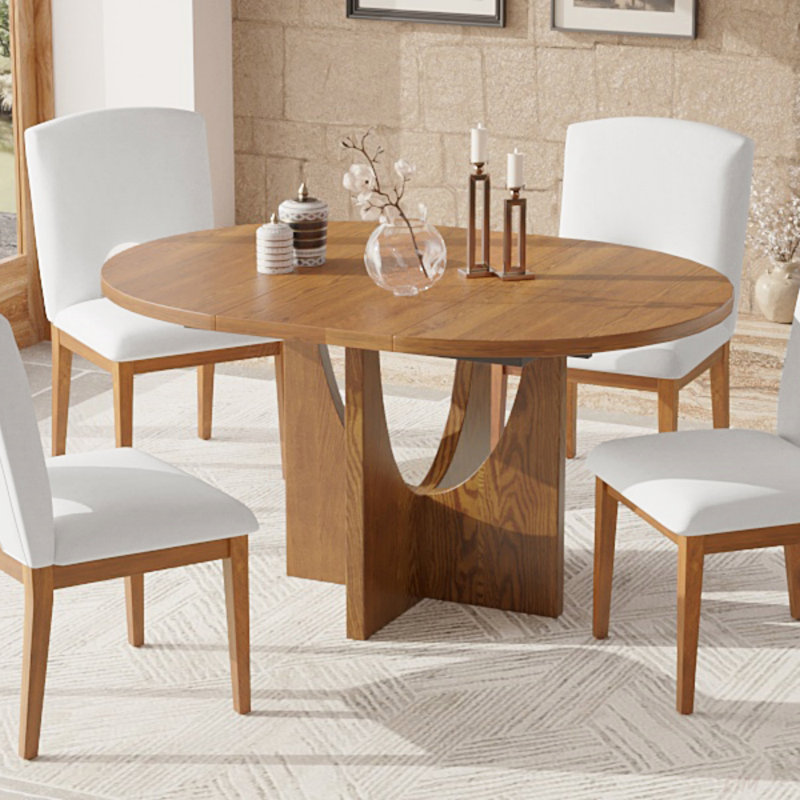 Krutz Modern 5-Piece Extendable Round Dining Table Set with 16.2inch Removable Leaf, Walnut