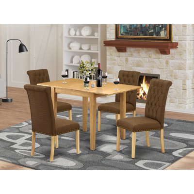 5 Piece Dining Table Set for 4 Includes a Rectangle Kitchen Table with Dropleaf and 4 Brown Linen Fabric Upholstered Chairs, Oak