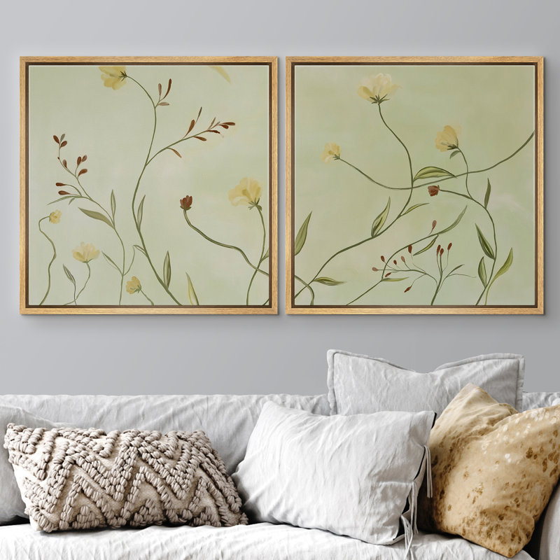Doux vert botanique, ligne de vigne encadrée, œuvre d'art de la chambre principale, 2 pièces, H 16 po x l 16 po