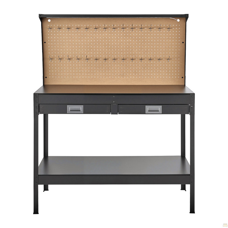 Établi en bois franc, capacité de poids de 242,5 lb, établi robuste de 47,2 po avec panneau perforé, 4 prises CA et 2 ports USB, câble de 4,9 pi et 30 crochets, banc de travail de garage avec tiroir pour atelier
