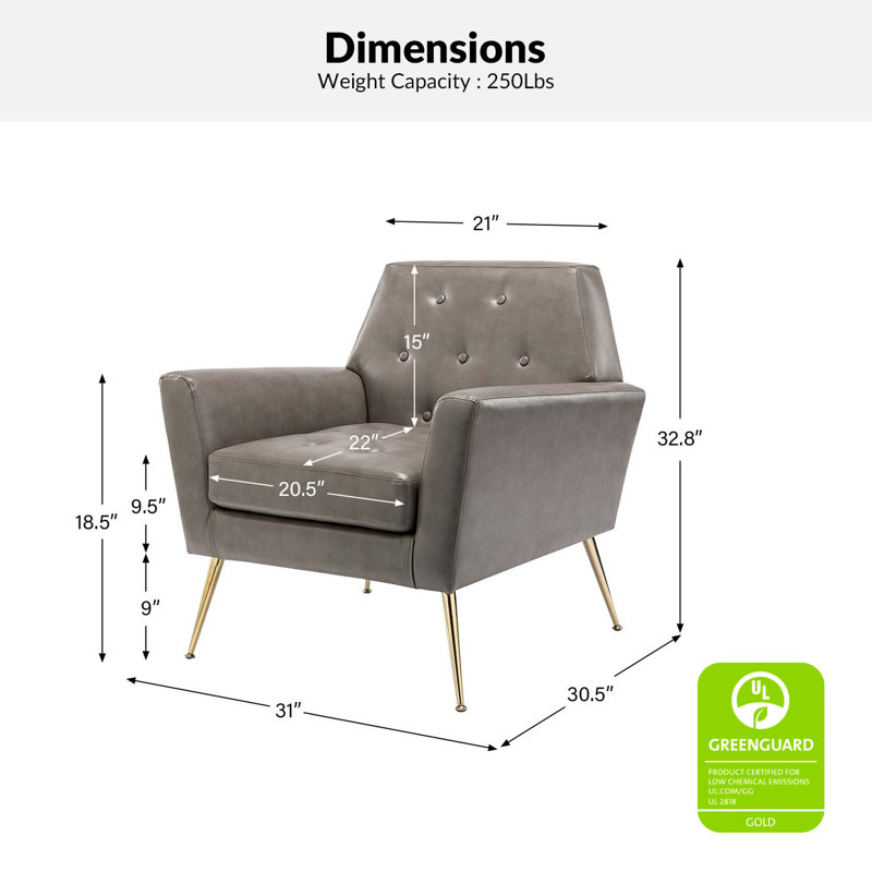 Johan Faux Leather Armchair With Metal Legs and Tufted Back, Gray