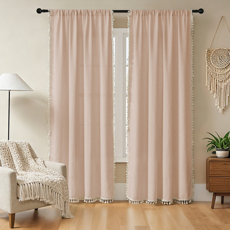 Bohemian Farmhouse Super Soft Tassel Semi-Sheer Curtain Panels (Set of 2), 52" W x 108" L, Pink
