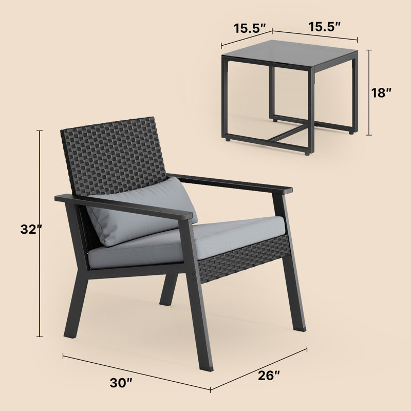 Penland 3-Piece Outdoor Wicker Set: 2-Person Seating, Sunbrella Cushions & Table, Gray