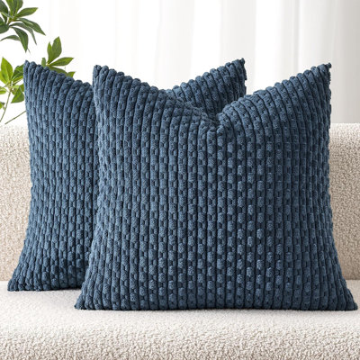 18x18" Blue Corduroy Throw Pillow Covers, 2 Pack Striped Pillow Cases