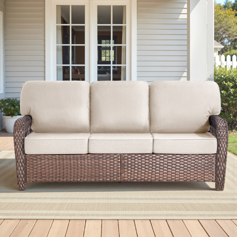 Canapé d'extérieur en osier de 75 po avec coussins de dossier en T beige et mousse épaisse de 5 po | Idée de cadeau, Beige