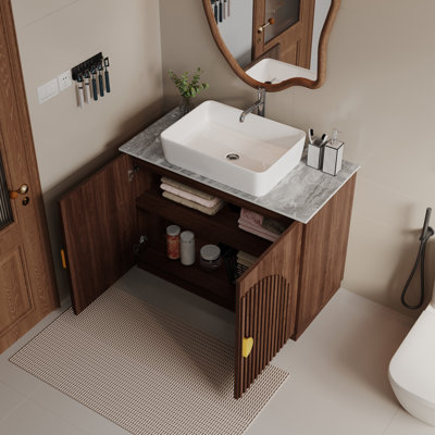 Meuble-lavabo simple 36 po avec comptoir en pierre, lavabo vasque, plateau en pierre frittée, meubles-lavabo à fixation au sol