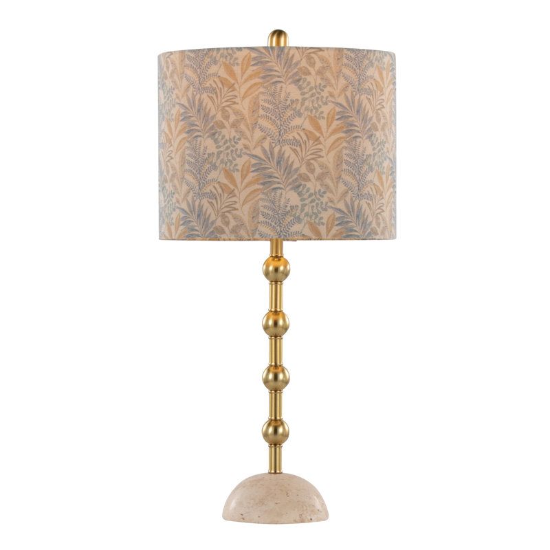Ensemble de 2 lampes de table H 27 "en pierre de travertin, métal, tissu doré, brun clair
