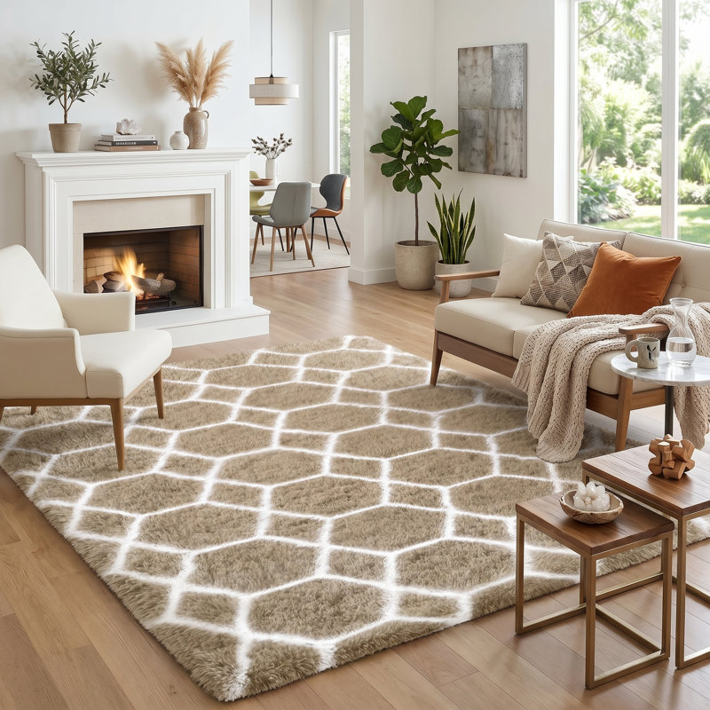 4X6 Ft Shag Geometric Area Rug Soft Fluffy For Living Room Bedroom,Kahki, Rectangle 3'11" x 5'11", Brown
