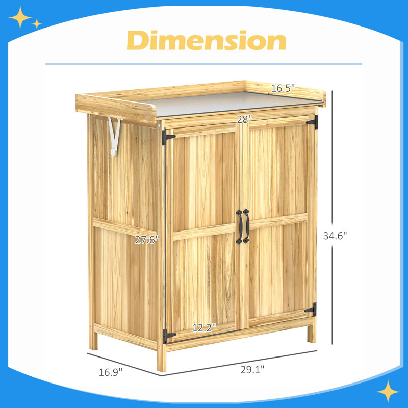 Armoire de rangement extérieure, remise à outils de jardin avec plateau en métal, tablette, banc de rempotage en bois avec 2 portes