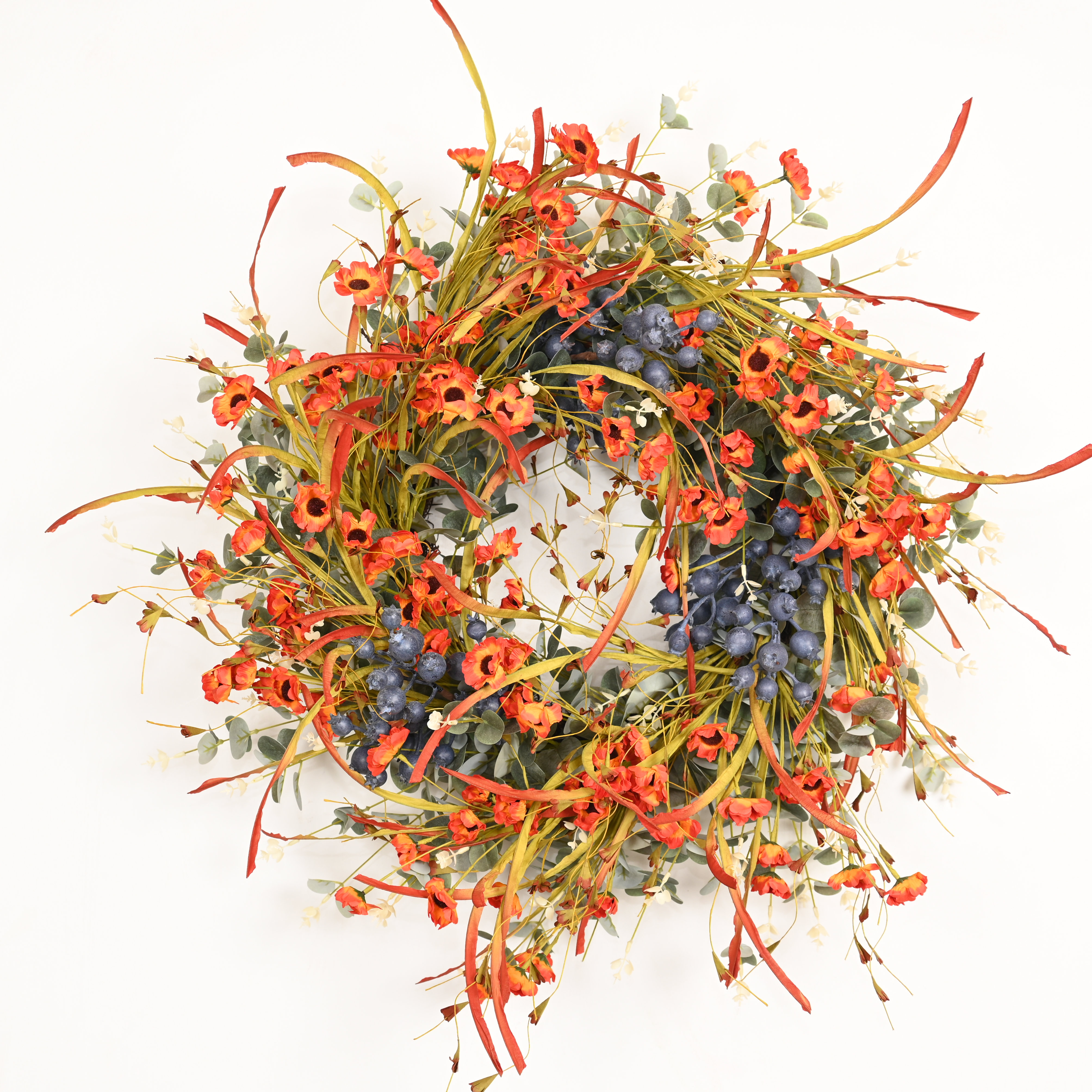 Joss & Main 26" Artificial Farmhouse Burnt Orange Poppy Eucalyptus Mixed Autumn Grass Fall Harvest Front Door Wreath Thanksgiving Decor | Wayfair