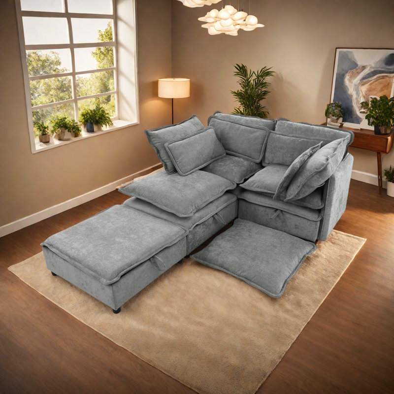 Canapé modulaire à deux couches, librement combinable, 4 places avec rangement, comprenant 4 coussins moelleux, parfait pour les salons, les bureaux et les appartements