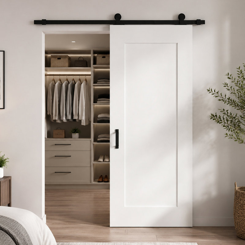 Porte de grange coulissante 1 panneau 34 po x 84 po apprêtée à noyau solide blanc avec trousse de quincaillerie d'installation et poignée noire matte unie (dalle de porte pré-assemblée