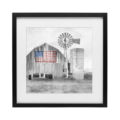 Grandfather's Barn with Flag Framed Print Under Glass, design by Kim Allen