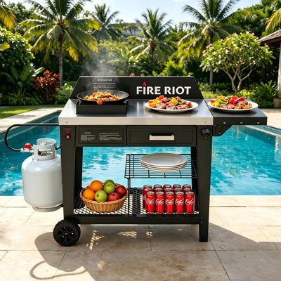 Station de cuisson extérieure au propane de 50 000 BTU avec wok en acier au carbone, table de préparation, rangement et régulateur CSA.