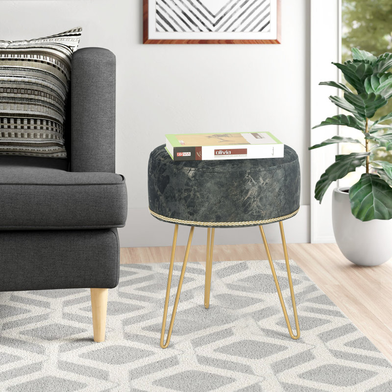 Velvet Round Footstool Ottoman, Gray Velvet