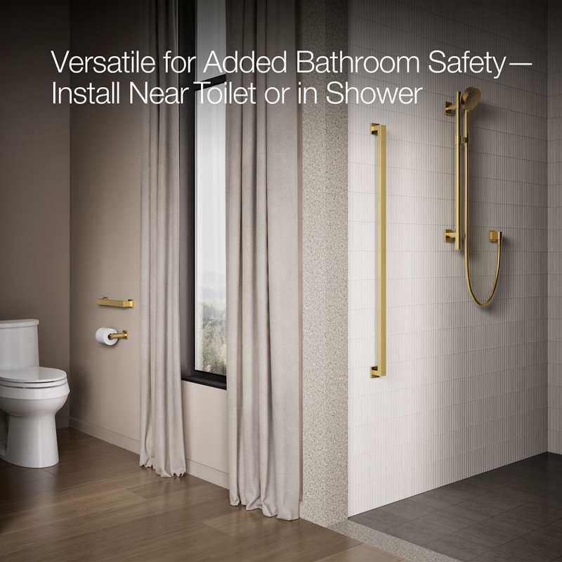 Square Metal Grab Bar for Shower, Bathroom Safety Grab Bar, Tub Rail, 12" W, Vibrant Brushed Moderne Brass