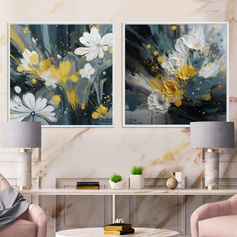 Paysage de jacinthe jaune et blanc - ensemble de 2 collages floraux carrés, H 16 po x l 33 po, Cadre flottant blanc