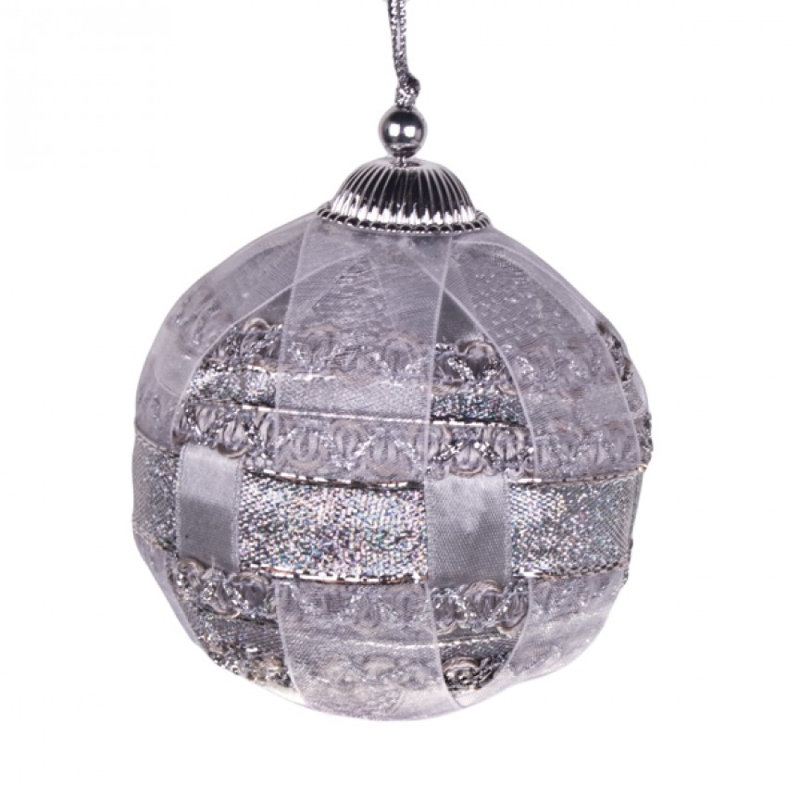 8cm Textile Ball Ornament, Silver