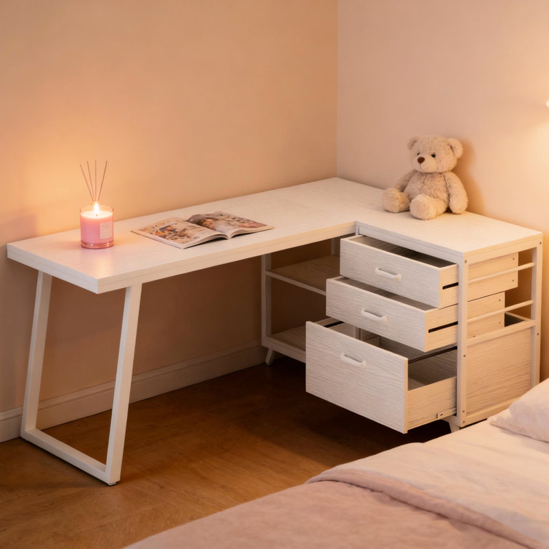 Bureau à dessin en forme de L blanc pour le bureau personnel 2 petits tiroirs, 1 grand tiroir, des tablettes ouvertes, un bureau spacieux de l 53 po x P 19,7 po, facile à assembler et avec beaucoup de rangement