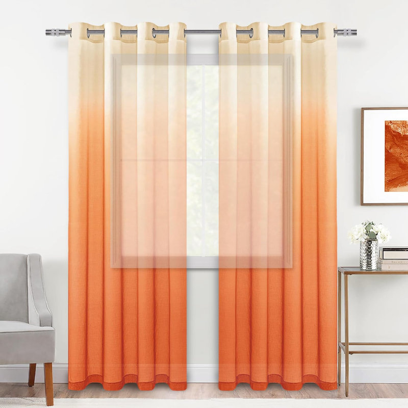 2 Panels Ombre Sheer Curtains - Faux Linen Gradient Semi Voile Grommet Top Drapes for Bedroom and Living Room Decor