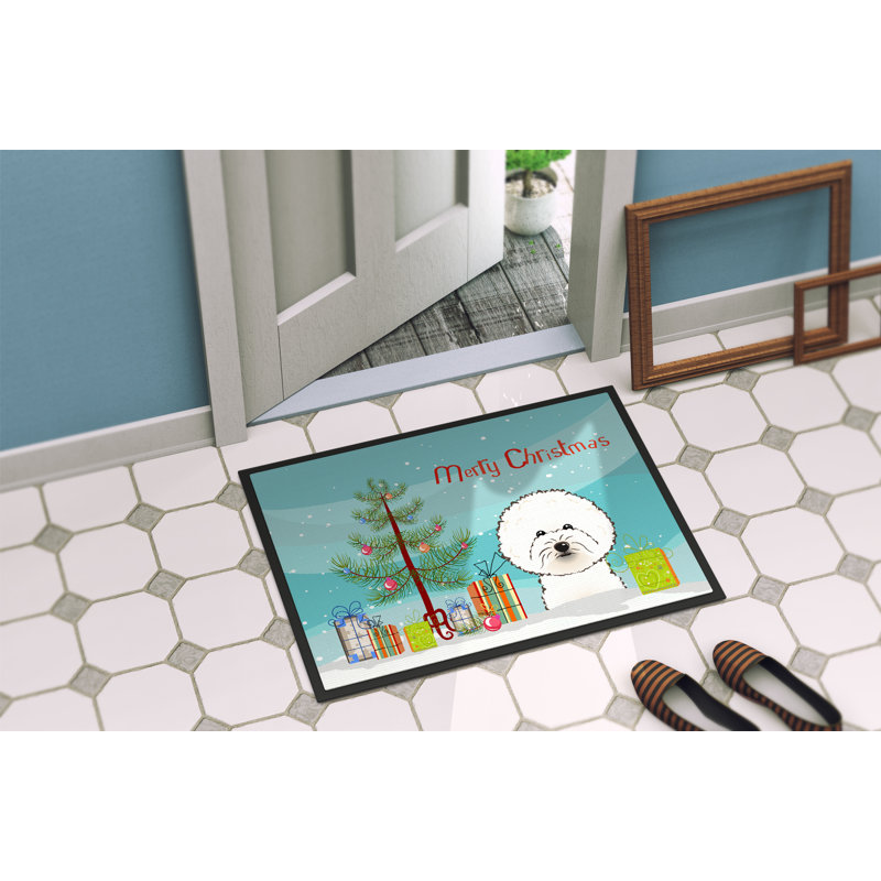 Paillasson d’extérieur antidérapant à motif de sapin de Noël et Bichon frisé Shareena, Rectangle 1 pi 6 po x 2 pi 3 po