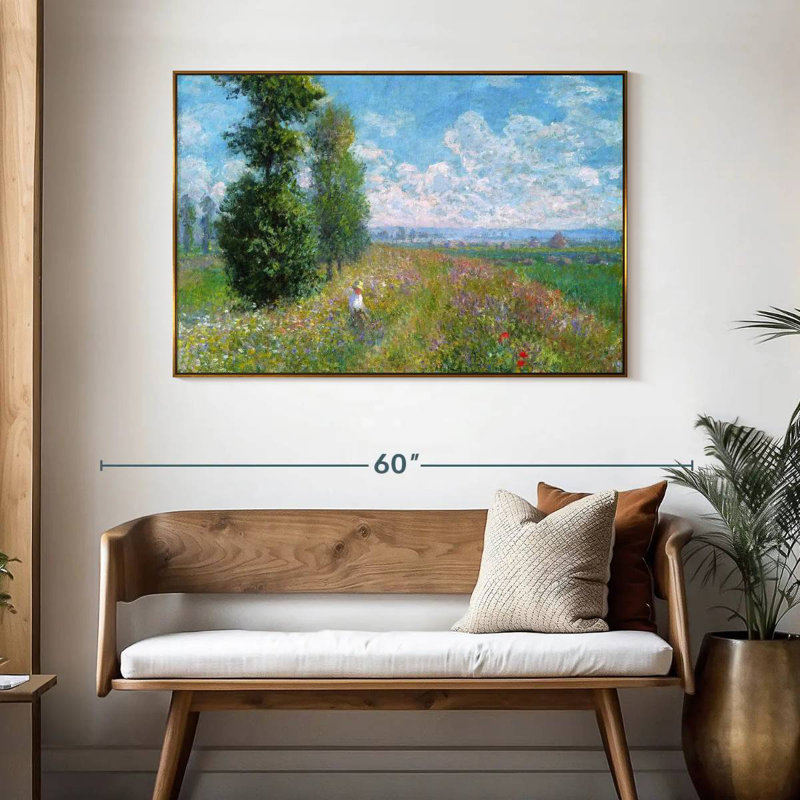 Pré avec peupliers, 46 po x 31 po, Cadre flottant doré