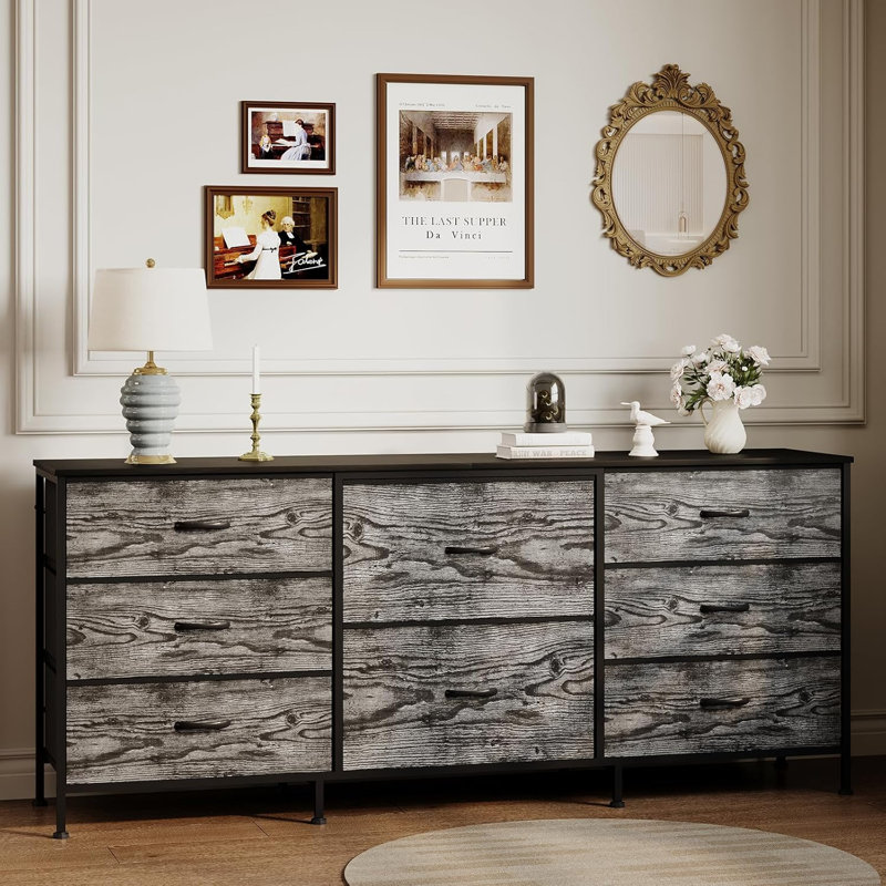 Meuble télé 8 tiroirs, commode en tissu, Gris