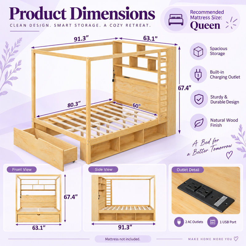 Cadre de lit à baldaquin Fairchild Queen avec éclairage DEL et station de chargement USB, tiroirs de rangement dans la tête et le pied de lit, sans sommier