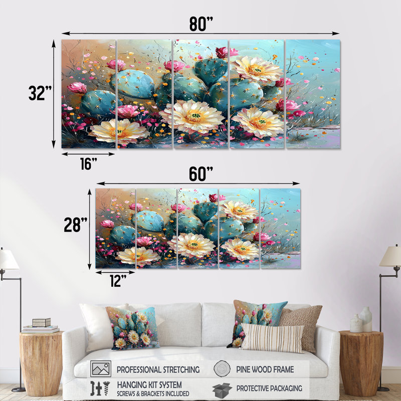 Cactus jaune, vert, beauté - art mural floral cactus - ensemble d'art mural traditionnel, H 28 po x l 60 po, 5