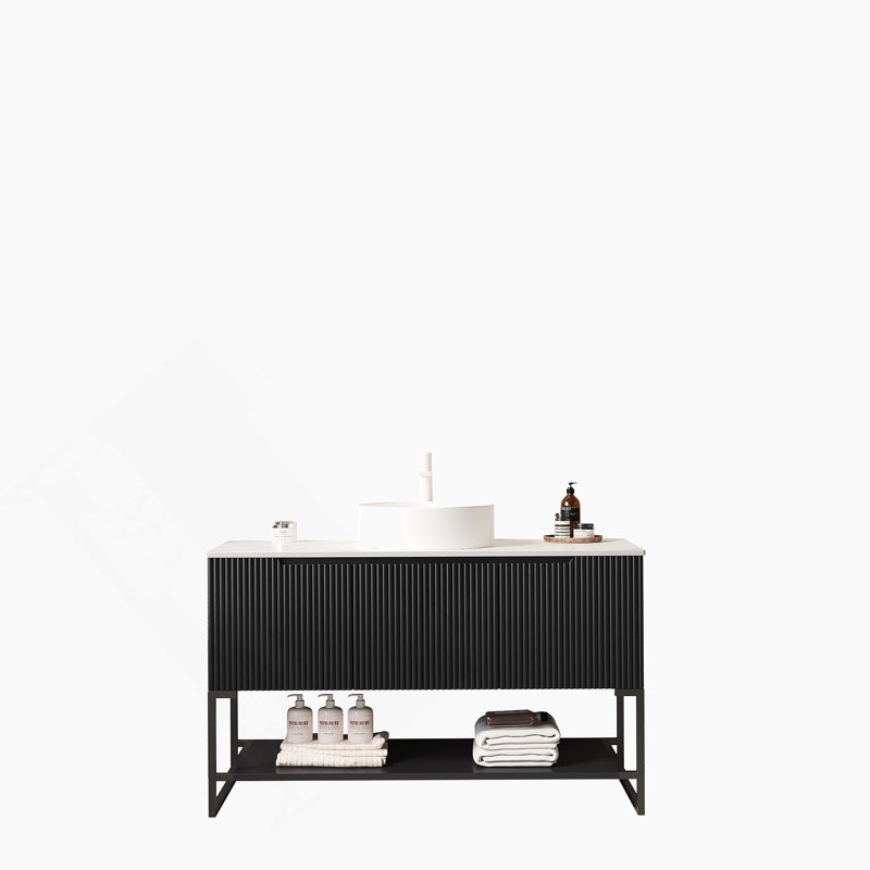 Meuble-lavabo autoportant de 48 po avec lavabo 48 po avec lavabo, meuble-lavabo autoportant avec 3 portes et tablette ouverte, vasque ronde en céramique blanche et comptoir blanc Carrara