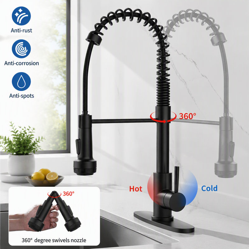 Matte Black Pull Down Kitchen Faucet with 4 Spraying Modes, Single Handle, Commercial Spring Design, 1 or 3 Hole Installation