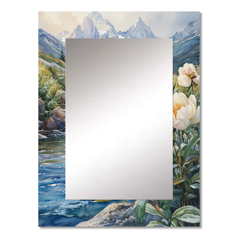 Peonies And The Glacial Waters - White Wall Mirror Decor, 32" x 24"