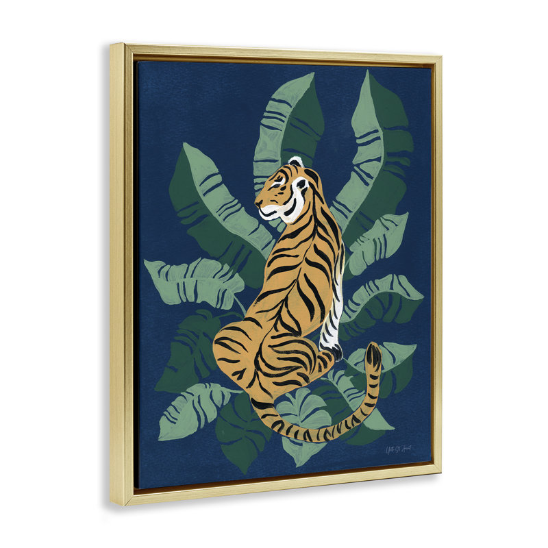 Tigre assis sur des palmiers, art mural sur toile flottante par Yvette St. Amant, Cadre flottant métallique doré