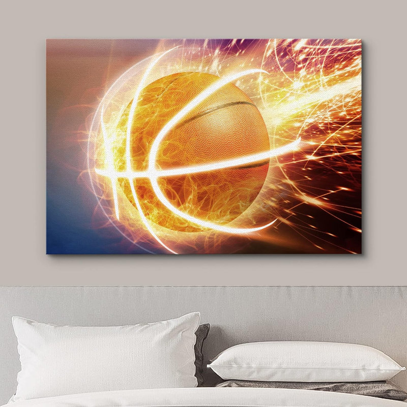 Fiery Sparks Fly from Basketball Sports Athlètes Art numérique moderne, moderne et amusant Ultra, H 16 po x l 24 po