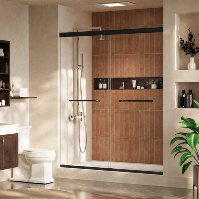 Porte de douche coulissante double semi-encadrée de 142 à 152 cm (L) x 183 cm (H) avec roulettes silencieuses, verre trempé de 6 mm (1/4 po) avec revêtement nano Easy-Clean, fini noir mat